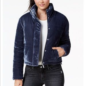 Blue velvet puffer jacket